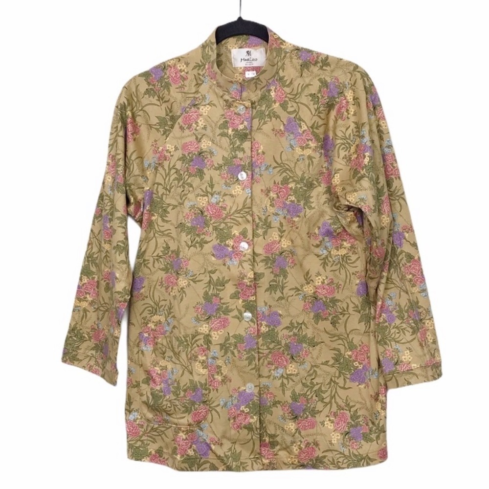 Mariko London Sleep Tan Floral Button Front Pajama Shirt - Picture 2 of 9